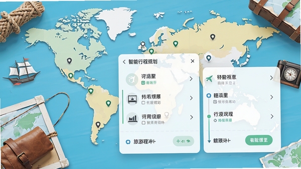 问旅软件主界面预览图,展示智能行程规划功能,背景为世界地图与旅行元素,前景为清晰的行程列表卡片,整体色调清新明快,突出旅游规划的主题