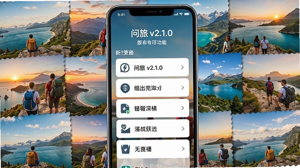 问旅v2.1.0版本更新界面,手机屏幕显示新功能列表,背景为旅行照片拼贴,色彩丰富