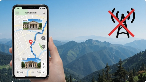 问旅离线地图使用场景示意图,手机显示街道与景点标记,背景为山区风景,信号塔图标带有斜杠表示离线状态,画面清晰标注当前位置与目的地路线