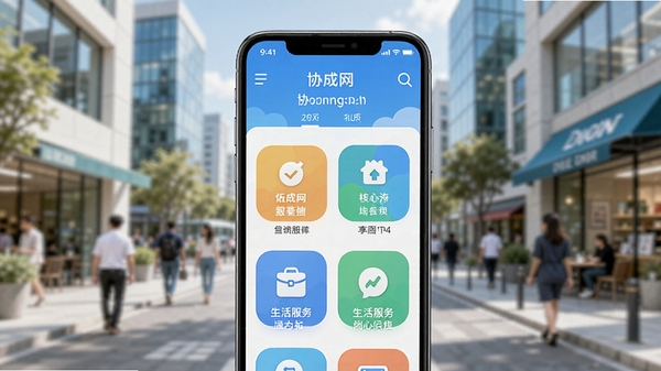 Э����App������չʾ��һ�������ֻ���Ļռ�ݻ������ģ���Ļ��������ʾЭ������ҳ�ĸ�������ģ��ͼ�꣬����Ϊģ�����ִ���������������󣬲��ñ�ƽ����Ʒ��ɫ���������£�ͻ�����������Ӧ�õı�����׺�����