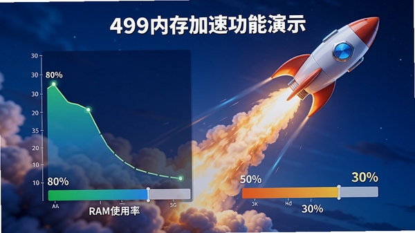 499�ڴ���ٹ�����ʾ������չʾ�ֻ�RAMʹ���ʴ�80%�½���30%�ĶԱȣ������л�����յĶ�̬Ч���������ٶ�������ɫ������������ǿ����������