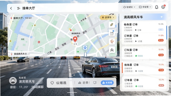 滴高顺风车车主软件主界面预览图,展示清晰的接单大厅地图与订单列表,背景为现代城市道路与一辆私家车,整体色调明亮,风格写实,突出便捷出行与智能匹配的核心功能。