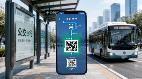 公交e行一卡通主界面展示,手机屏幕显示实时公交路线与扫码乘车二维码,背景为现代城市公交站台与行驶中的公交车,画面清晰明亮,突出移动支付与智慧出行主题,整体风格简洁科技感