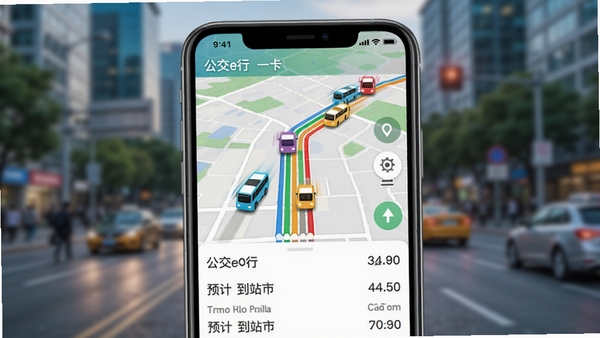 公交e行一卡通实时公交功能界面截图风格图片,手机地图上显示多条彩色公交线路轨迹,带有公交车图标动态移动,下方列表展示预计到站时间,背景为模糊的城市街景,突出精准定位与实时数据可视化效果