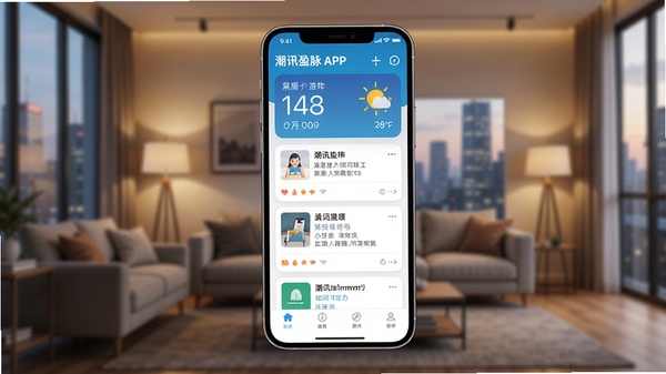一张智能手机展示潮讯盈脉APP界面的高清产品渲染图,手机屏幕中显示简洁的瀑布流资讯卡片与天气时钟组件,背景为模糊的现代城市客厅环境,暖色调灯光,营造出科技融入生活的氛围。画面主体为手机,手机居中构图,屏幕内容清晰可辨,风格写实,光影自然,8K画质。