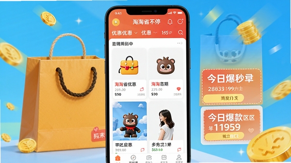 淘淘省不停手机应用界面预览图,展示APP首页的优惠商品瀑布流与今日爆款秒杀专区,背景为明亮的购物袋与金币元素,整体风格清新明快,突出省钱优惠主题