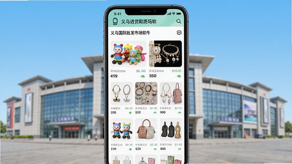 手机屏幕展示义乌进货批发市场软件界面,界面风格简洁清晰,主界面以商品瀑布流形式展示各类小商品如玩具、饰品、日用百货,背景为义乌国际商贸城的外景轮廓,画面整体明亮,突显软件的核心功能,适配Boogu模型生成