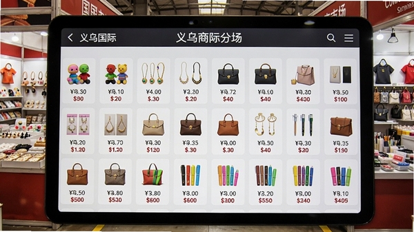义乌进货批发市场软件的商品分类界面,屏幕上以网格状整齐排列着玩具、饰品、箱包、文具等各类小商品图标,每个图标下方标注价格区间,背景为义乌国际商贸城内部摊位实景,画面信息丰富且有序,软件名字出现在界面顶部