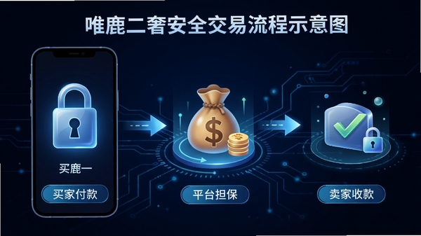 唯鹿二奢安全交易流程示意图,通过手机屏幕中的锁形图标与钱袋元素,展示从买家付款到平台担保再到卖家收款的全过程,背景采用蓝色科技感线条,强调资金安全与交易保障