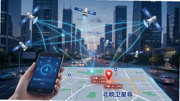 北航卫星导航多星座定位示意图,手机连接多颗卫星,地图上显示精确位置坐标,背景为高楼林立的城市街道,画面科技感强
