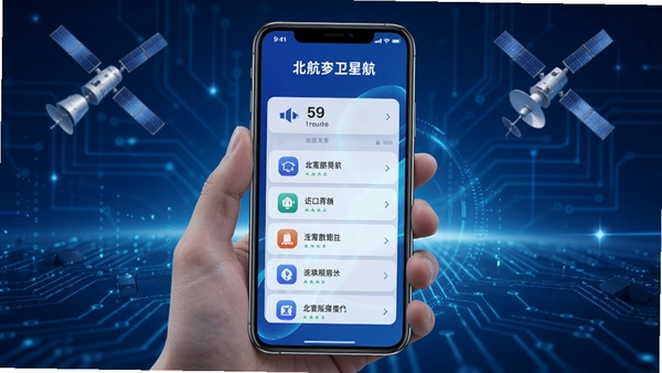 北航卫星导航版本更新界面,手机展示新功能列表,背景为科技感蓝色调,突出软件升级主题