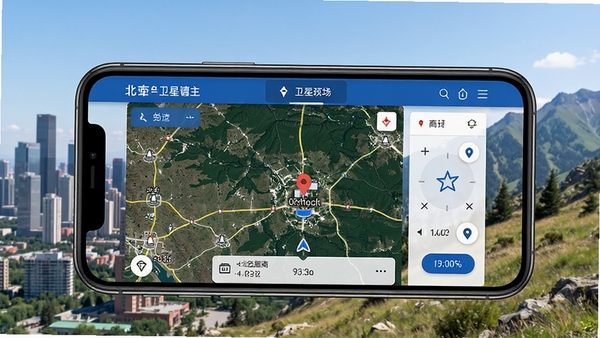 北航卫星导航主界面展示,手机屏幕显示卫星地图与定位坐标,背景为城市天际线与户外山野,画面清晰明亮,突出导航专业感