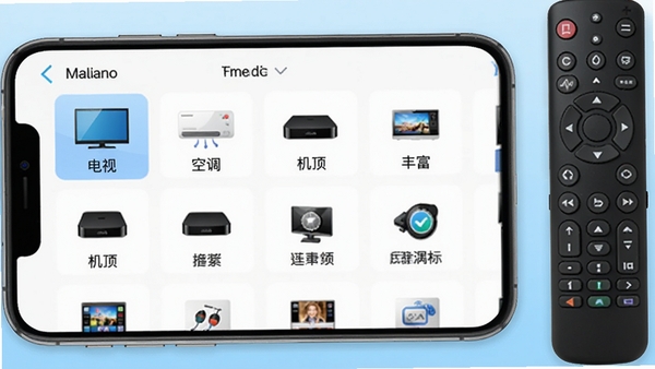 ���ܼҵ���ң�����ֻ������ͼ���ͼ����Ļ����ʾƷ��ѡ���б����������ӡ��յ��������еȷ���ͼ�꣬ҳ�������������Ա߷���һ��ʵ��ң������Ϊ�Աȣ�����Ϊǳ��ɫ���䣬ͻ�����ݿ�ķḻ��ȫ�档