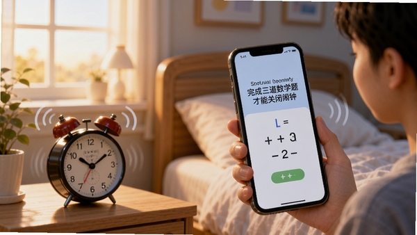 准时闹钟任务唤醒功能演示图,手机屏幕显示“完成三道数学题才能关闭闹钟”的界面,画面中有简单的加法算式,背景是清晨卧室场景,闹钟响起时手机震动效果,整体氛围生动有趣,突出智能交互与早起挑战,画面主体为手持手机的用户,周围有柔和的光线。