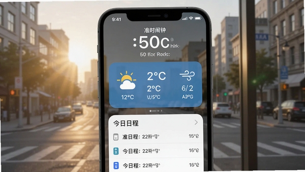 准时闹钟天气与日程整合功能截图,手机界面显示闹钟响起后的全屏天气卡片,包括晴雨图标、温度、湿度、风力,下方有今日日程列表,背景为窗外城市街景,清晨阳光洒落,画面信息层次分明,突出生活实用场景。