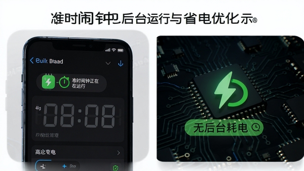 准时闹钟后台运行与省电优化示意图,手机界面显示电池管理页面,标注“准时闹钟正在运行”和“无后台耗电”字样,背景为深色电路板纹理,搭配绿色节能图标,整体风格偏科技感,突出稳定与高效。