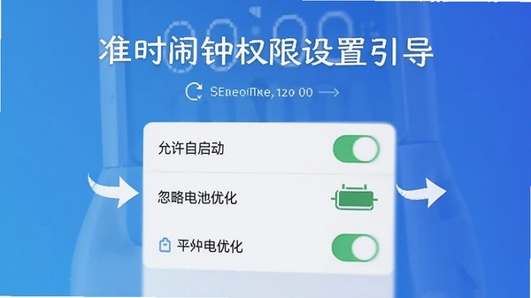 准时闹钟权限设置引导界面,手机屏幕显示应用权限开启步骤,包括“允许自启动”、“忽略电池优化”等开关,背景为简洁的蓝色渐变,画面有清晰的箭头指示,整体风格为教学截图,突出安全与易用性。