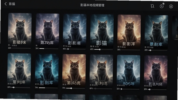 影猫本地视频管理界面效果图,手机界面展示海报墙布局的本地影片库,每部影片配有精美海报和进度条,背景为深色主题,界面质感高级,突出智能刮削功能带来的视觉美化效果