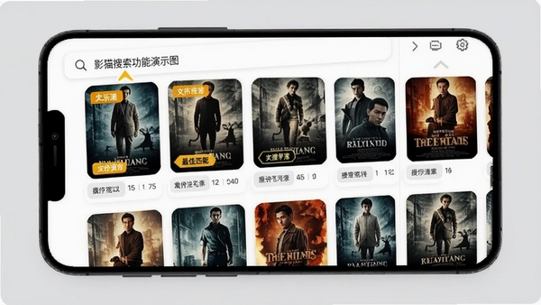 影猫搜索功能演示图,手机屏幕上显示输入关键词后的搜索结果列表,多张电影海报整齐排列,每张卡片带有清晰度标签,背景为浅灰色,界面高亮显示最佳匹配源标识