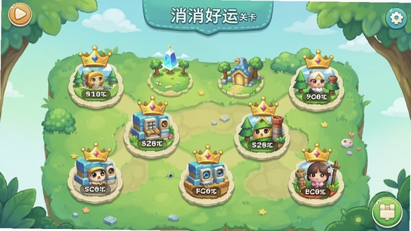消消好运关卡选择界面截图,地图上分布着不同主题的关卡节点,部分关卡带有皇冠标志,界面设计清新自然,色彩过渡柔和,展示游戏关卡多样性与挑战性,符合休闲游戏风格