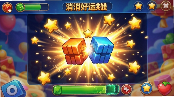 消消好运消除特效演示图,方块碰撞迸发璀璨光芒,金色星星飘散,游戏界面元素丰富,动感十足,展示游戏玩法带来的视觉冲击力,高清画面,突出欢乐氛围