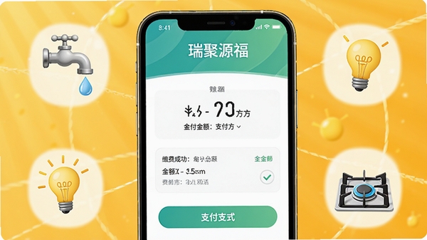 ����һ���ԡ����Դ����APP�ɷѹ���Ϊ�������ʾͼƬ������չʾ�ֻ���Ļ�ϵĽɷѳɹ����棬��ʾ�����֧����ʽ����Χ������ˮ��ͷ������ݡ�ȼ�����Сͼ�꣬����Ϊ������ů��ɫ���������������죬ͻ��������Ч���Ӿ����ܡ�