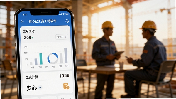为安心记工资工时软件创作一张宣传预览图,画面主体是手机屏幕特写,屏幕上清晰显示本月工时统计和工资计算结果的界面,背景是温馨的工地或工厂休息场景,光线明亮柔和,人物剪影模糊处理,整体风格写实且充满人文关怀,突出安心、便捷、可靠的品牌调性