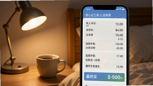 安心记工资工时工资计算功能预览,画面展示手机屏幕上的工资汇总报表,包含各项收入明细、加班补贴、扣款说明和最终实发金额,背景是安静的卧室一角,有台灯和咖啡杯,光线温馨,整体风格简洁专业,数字清晰,强调软件的计算准确性和透明度