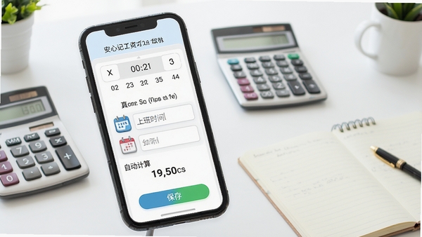 安心记工资工时软件功能展示图,画面呈现手机界面上的工时记录页面,包含清晰的日期选择器、上下班时间输入框和自动计算出的工时结果,旁边有日历图标和保存按钮,背景为干净的办公桌,摆放着计算器和记事本,整体色调清爽明亮,突出操作的简便与高效