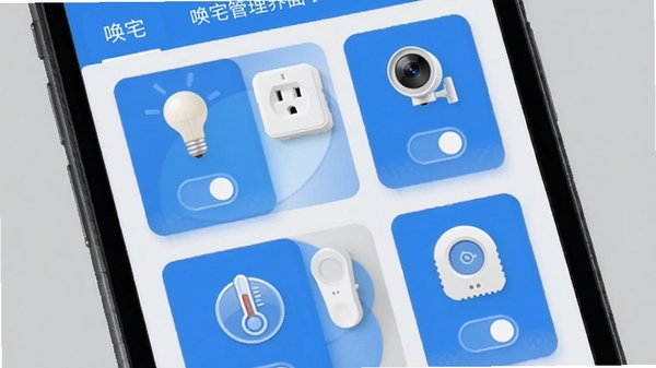 唤宅APP设备管理界面截图风格图,手机屏幕上以网格形式展示多个智能设备图标,包括灯泡、插座、摄像头和温控器,每个图标下方有开关状态,界面设计简洁,采用蓝色主题色,背景为浅灰色,图像清晰,展示统一管理多种设备的场景,比例为9:16。