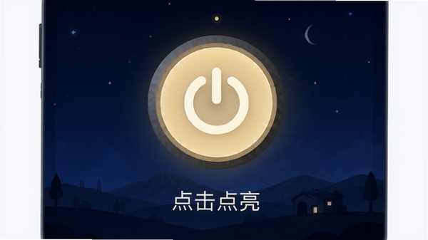 简用轻携手电筒主界面预览图,画面中央是一个巨大的圆形电源按钮,背景为深蓝色渐变模拟黑夜环境,按钮散发柔和暖黄色光芒,界面下方简洁显示“点击点亮”四个字,整体风格干净现代,突出极简与实用的产品气质。