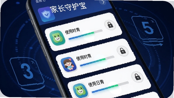 家长守护宝应用管理界面截图风格图片,展示手机屏幕内应用列表,每个应用旁有使用时长进度条和锁定图标,背景为深蓝色科技感界面,数字图形元素,清晰展示管控功能