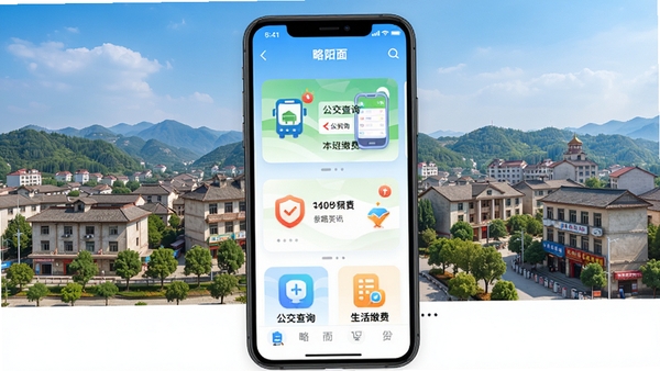 爱略阳生活服务APP主界面预览图,手机屏幕展示本地资讯、公交查询、生活缴费等核心功能卡片,背景为略阳县城风貌,色彩明亮清新,UI设计现代简洁,整体风格写实,竖屏构图
