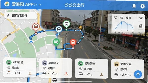 爱略阳APP公交出行界面,显示地图路线和公交车辆实时位置图标,背景为略阳街道实景,包含站点信息卡片,色彩搭配和谐,突出实时导航与路线规划功能