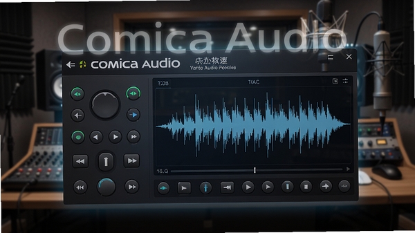 Comica Audio 软件主界面预览图,展示其简洁的录音控制面板与高清波形显示区域,背景为专业录音棚环境,画面主体突出软件名称Comica Audio,整体风格科技感十足,光线柔和且聚焦于界面细节
