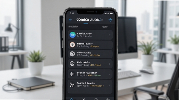 Comica Audio 软件版本更新日志截图,展示手机界面上的功能列表和优化说明,背景为现代办公室桌面环境,画面简洁明快,突出Comica Audio 的升级亮点