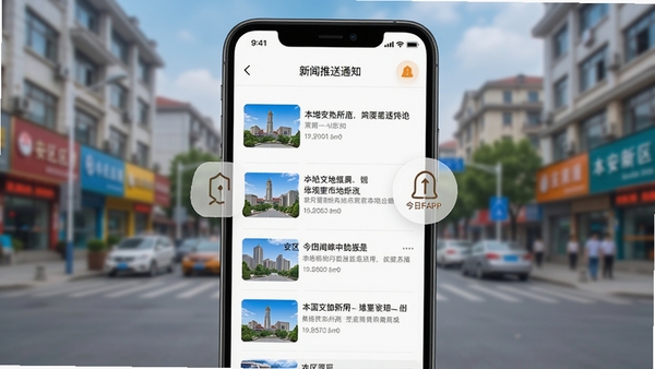 今日安州APP新闻推送通知界面,手机屏幕展示多条本地新闻摘要,背景为模糊的安州区城市街景,画面突出信息流与推送提醒功能,风格简洁明亮