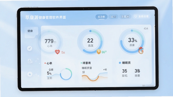 萃康源健康管理软件界面预览图,展示首页健康数据仪表盘,包含心率、血压、睡眠质量等圆形进度环,背景为淡蓝色渐变,配有柔和光线。