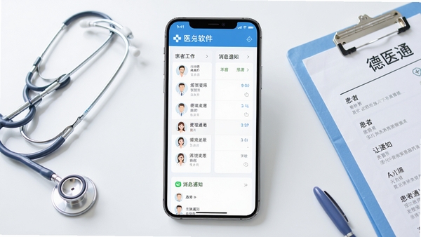 德医通医生软件主界面预览图,展示医生工作台、患者列表、消息通知等核心模块,背景为简约的医疗蓝白色调,界面清晰明亮,手机屏幕居中,周围有听诊器、病历夹等医疗元素点缀