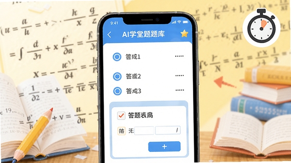 AIѧ�������ϰ���棬�ֻ���Ļչʾѡ��������⿨����������ѧ��ʽ���鱾Ԫ�أ������������������Ͻ��м�ʱ��ͼ�꣬�����������ѧϰ��Χ