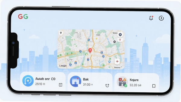 GG同城主界面预览图,画面中央显示城市地图与附近信息卡片,背景为浅蓝色城市天际线,整体风格清新明亮,UI设计现代简洁,突出本地生活服务场景,适配Boogu模型生成