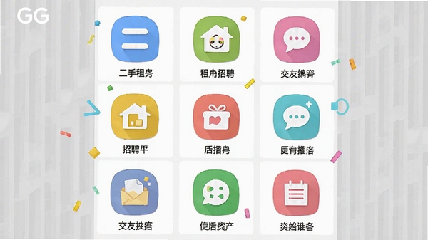 GG同城分类导航界面截图,屏幕展示九宫格图标布局,每个图标代表不同分类如二手、租房、招聘、交友等,色彩鲜明,背景为浅灰色壁纸,整体风格活波有序,适配Boogu模型生成