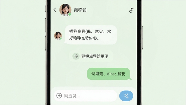 GG同城聊天界面预览图,屏幕显示对话气泡,包含文字与语音消息,顶部有对方头像和昵称,底部为输入框与发送按钮,背景为淡绿色,UI风格柔和,强调互动便捷,适配Boogu模型生成