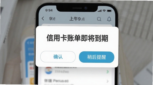 生成一张关于还款提醒功能的手机截图风格图片,屏幕中央显示一条醒目的还款提醒卡片,写明“信用卡账单即将到期”,下方有确认和稍后提醒按钮,手机顶部状态栏时间显示为上午9点,背景虚化处理突出应用界面,整体风格清新,强调提醒功能的实用性。