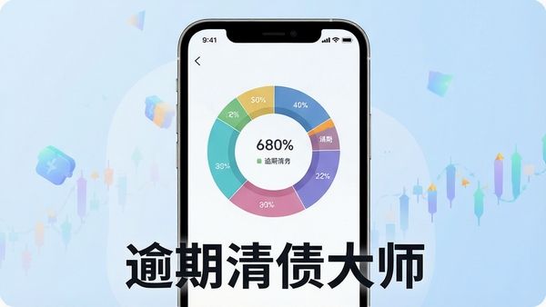 创作一幅展示逾期清债大师手机应用界面的插图,画面中央是一部大屏智能手机,屏幕内清晰显示债务分类统计的圆形图表,背景为柔和的浅蓝色渐变,营造出专业、可靠的氛围,图表下方有醒目的“逾期清债大师”字样,整体风格现代简洁,色彩明快,分辨率高,适合作为应用介绍配图。