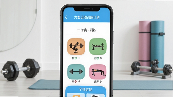 �����˶�ѵ���ƻ����棬�ֻ���Ļ����ʾһ��ѵ�����ţ�������ס����Ƶȶ���ͼ�꣬�����Ǽ��������˶�������������٤��ɼ������沼��������ɫ�����죬ͻ�����Ի����ƹ���