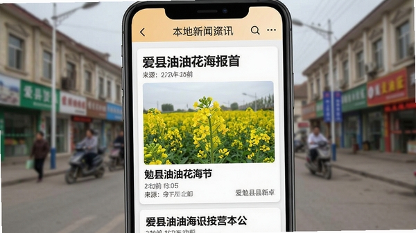 爱勉县新闻资讯栏目截图风格,手机屏幕内展示图文并茂的本地新闻列表,头条位置是勉县油菜花海节报道,配有现场照片,背景虚化的县城街道,界面采用卡片式布局,标题醒目,时间与来源标注清晰
