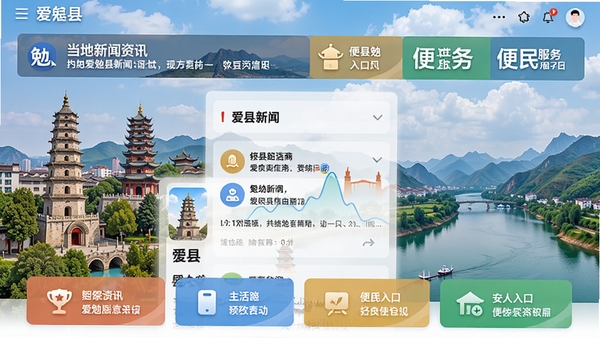 爱勉县软件主界面预览图,展示首页信息流,背景为勉县城市地标建筑与山水景观融合,界面简洁,图标清晰,色彩明快,横幅位置显示当地新闻资讯与便民服务入口,整体风格现代且具有地方特色