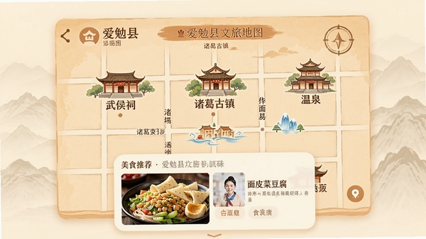 爱勉县文旅地图功能展示图,地图界面以暖色调为主,标注出武侯祠、诸葛古镇、温泉等景点图标,下方弹出美食推荐卡片,显示面皮菜豆腐图片,街道名称清晰,背景有淡淡的山脉轮廓