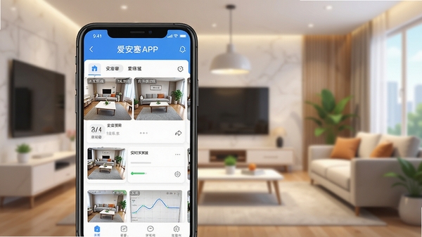 高清画面中,爱安塞APP主界面占据视觉中心,背景为现代智能家居客厅,手机屏幕清晰展示监控画面列表,UI简洁明亮,突出软件名称与实时预览功能,整体构图协调,商用插画风格。